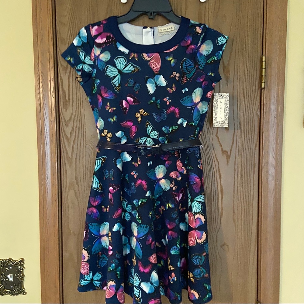 Girl’s Navy Butterfly Skater Dress, NWT, Sz 14